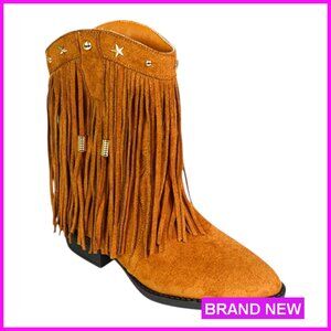 Western Fringe Cowgirl Boots Pull On Mid Calf Chunky Heel Studded Detail